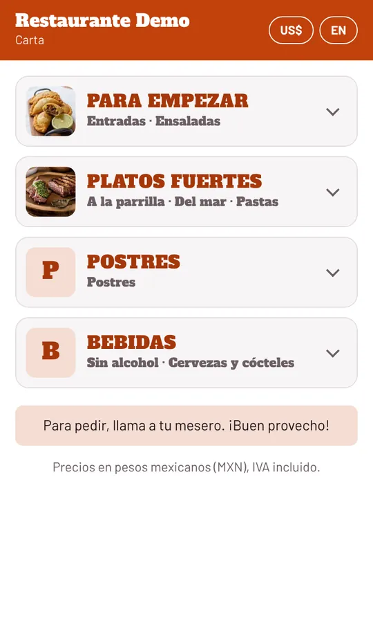 Carta QR en el celular: grupos Para empezar, Platos fuertes, Postres y Bebidas