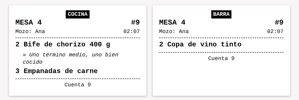 Tickets impresos: uno para la cocina y otro para la barra
