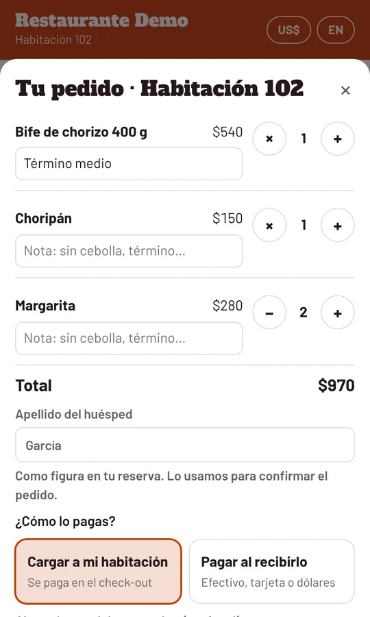 Pedido del huésped de la habitación 102 con su apellido y forma de pago